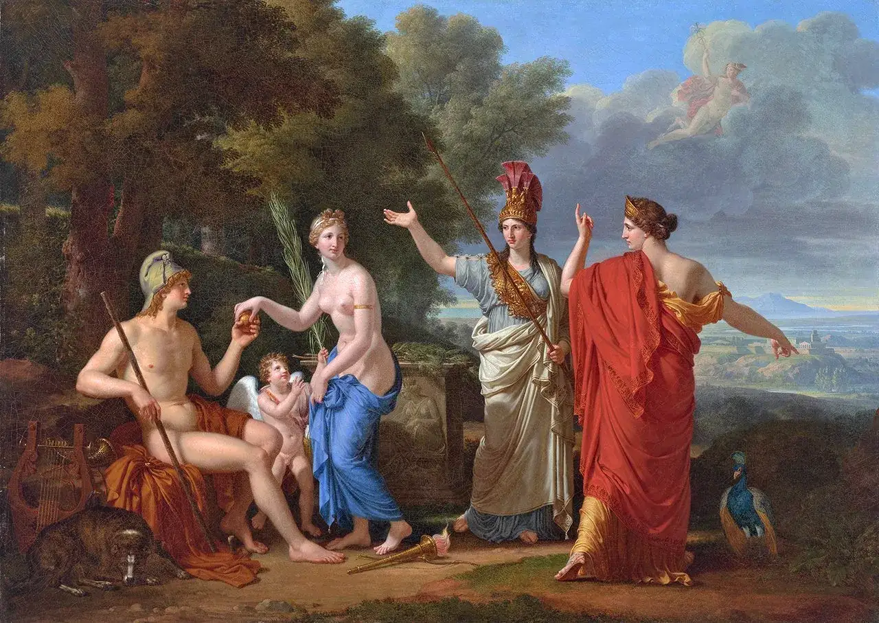Parys z mitologii greckiej wręcza złote jabłko Afrodycie, podczas gdy Atena i Hera spierają się o to, która z nich jest najpiękniejsza.