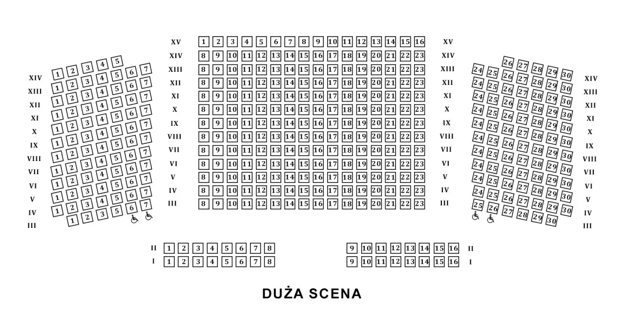 Plany miejsc na dużej scenie teatralnej, z zaznaczonymi rzędami i numerami miejsc, w tym dostawka.