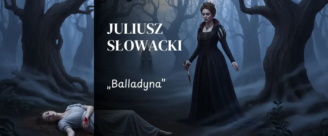 Mroczny las, gdzie królowa Balladyna z nożem w dłoni stoi nad pokonaną siostrą. W tle postać pustelnika.