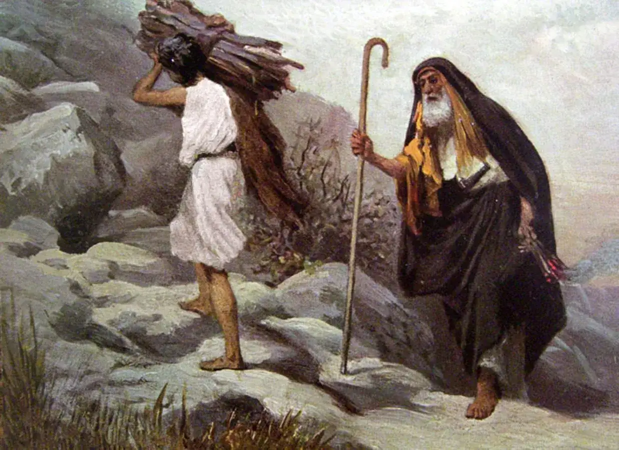 Droga ku górze. Abraham z laską i Izaak niosący drewno na ofiarowanie.