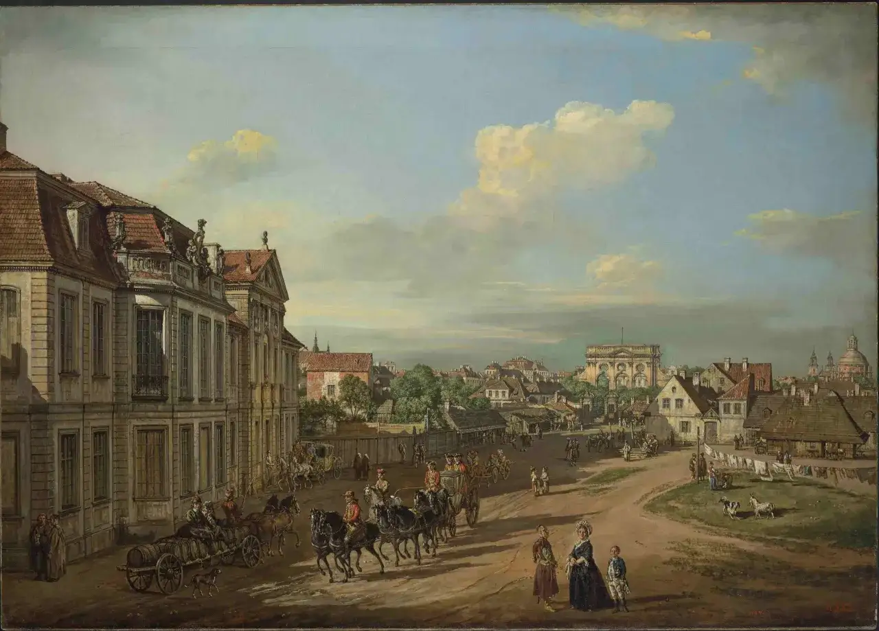 Ulica tętni życiem, wozy i eleganckie damy. Bernardo zwany Canaletto uchwycił ruch i architekturę miasta.