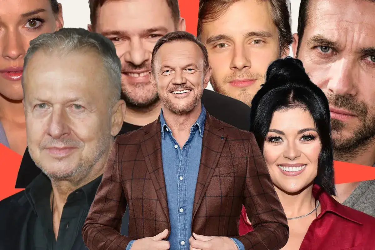 Znani polscy aktorzy serialowi: od lewej starszy pan, uśmiechnięty mężczyzna, prowadzący w brązowej marynarce, młody mężczyzna, kobieta i mężczyzna z zamyśloną miną.