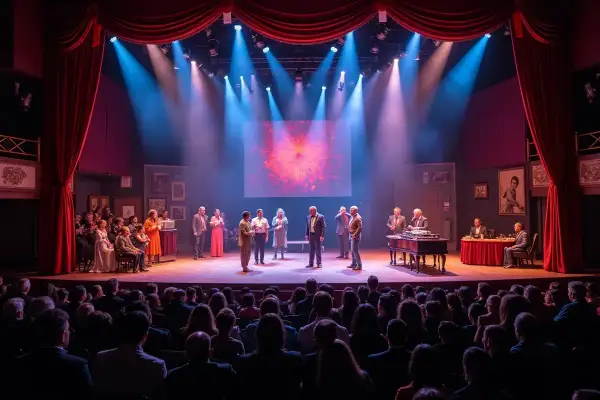 Scena teatralna z aktorami w strojach z epoki, grającymi w jednym z wielu wspaniałych **teatr spektakle**. Widownia wpatrzona w wydarzenia.