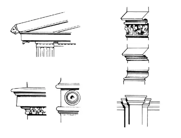 Rysunki detali architektonicznych: gzyms, kapitel z liśćmi, baza kolumny i fragment belkowania. Ilustracja porządki architektoniczne.
