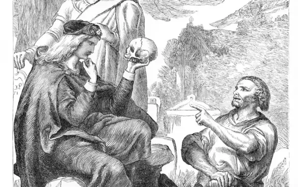 Hamlet, polski obraz. Książę rozważa czaszkę, podczas gdy Horacy wskazuje na coś w oddali.