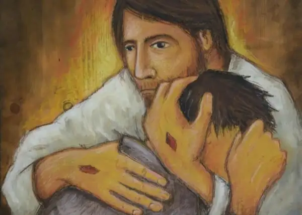 Jezus pociesza wątpiącego Tomasza, pokazując mu swoje stygmaty.