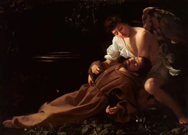 Anioł czuwa nad śpiącym świętym Franciszkiem. Caravaggio, mistrz światłocienia, ukazuje tu jeden ze swoich najsłynniejszych obrazów.