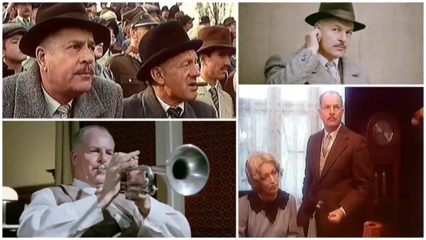 Kadr z filmu "Vabank". Reżyser Juliusz Machulski w różnych wcieleniach, grający na trąbce i w eleganckim kapeluszu.