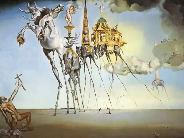 Długonogie słonie niosące budowle i koń na cienkich nogach, to klasyczny przykład surrealizmu.