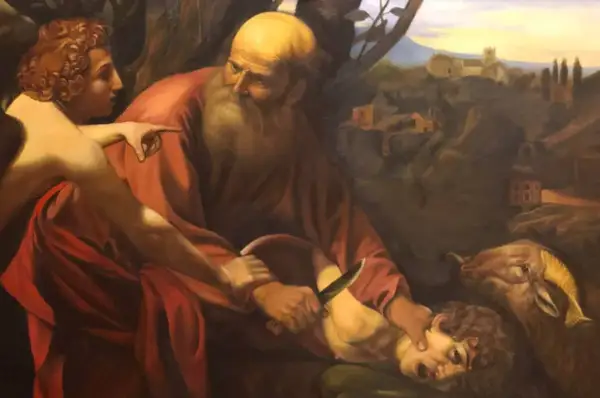 Abraham powstrzymany przed ofiarowaniem Izaaka. Baranek czeka obok.