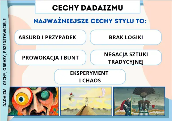 Dadaizm - cechy, obrazy, przedstawiciele. Styl charakteryzuje absurd, brak logiki, prowokacja i bunt. Obrazy odzwierciedlają chaos i eksperyment.
