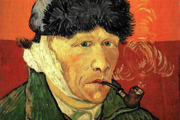 Van Gogh obrazy najsłynniejsze: autoportret z zabandażowanym uchem i fajką, namalowany z charakterystyczną ekspresją.