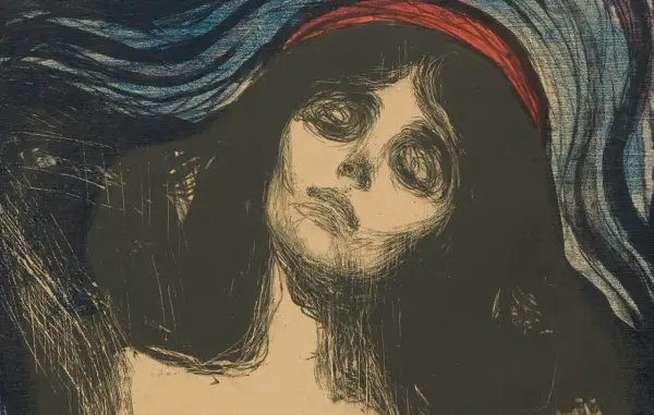 Intensywny portret kobiety z krwawą opaską na głowie, w stylu Edvard Munch Madonna.