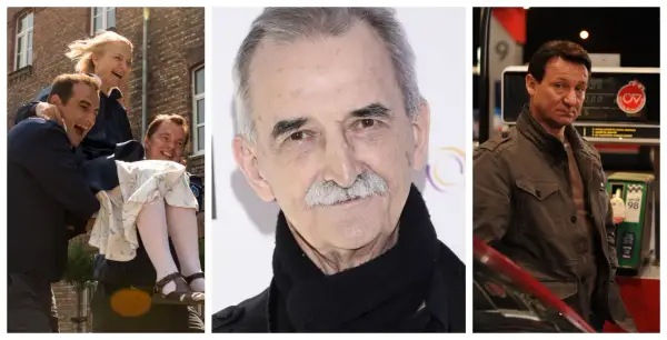 Trzy sceny z filmów Marka Koterskiego: radośni ludzie na ulicy, zbliżenie na twarz aktora i mężczyzna przy dystrybutorze paliwa.