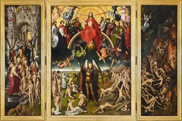 Tryptyk ukazujący Sąd Ostateczny. Symbolizm w malarstwie przykłady: zbawieni w niebie, cierpiący w piekle, archanioł Michał ważący dusze.