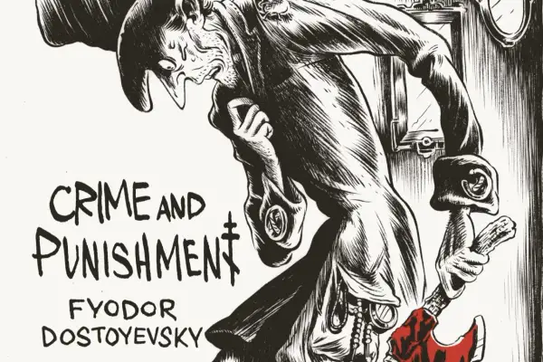 Mroczna ilustracja do "Zbrodni i Kary" Dostojewskiego. Postać z toporem, jakby po zbrodni, z wyrazem cierpienia. Może to być Raskolnikow, który popełnił zbrodnię, a teraz czuje się jak w marmieladowym śnie.