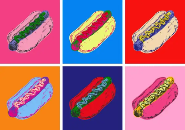 Pop art przykłady: sześć hot dogów w różnych, jaskrawych kolorach, każdy na innym tle.